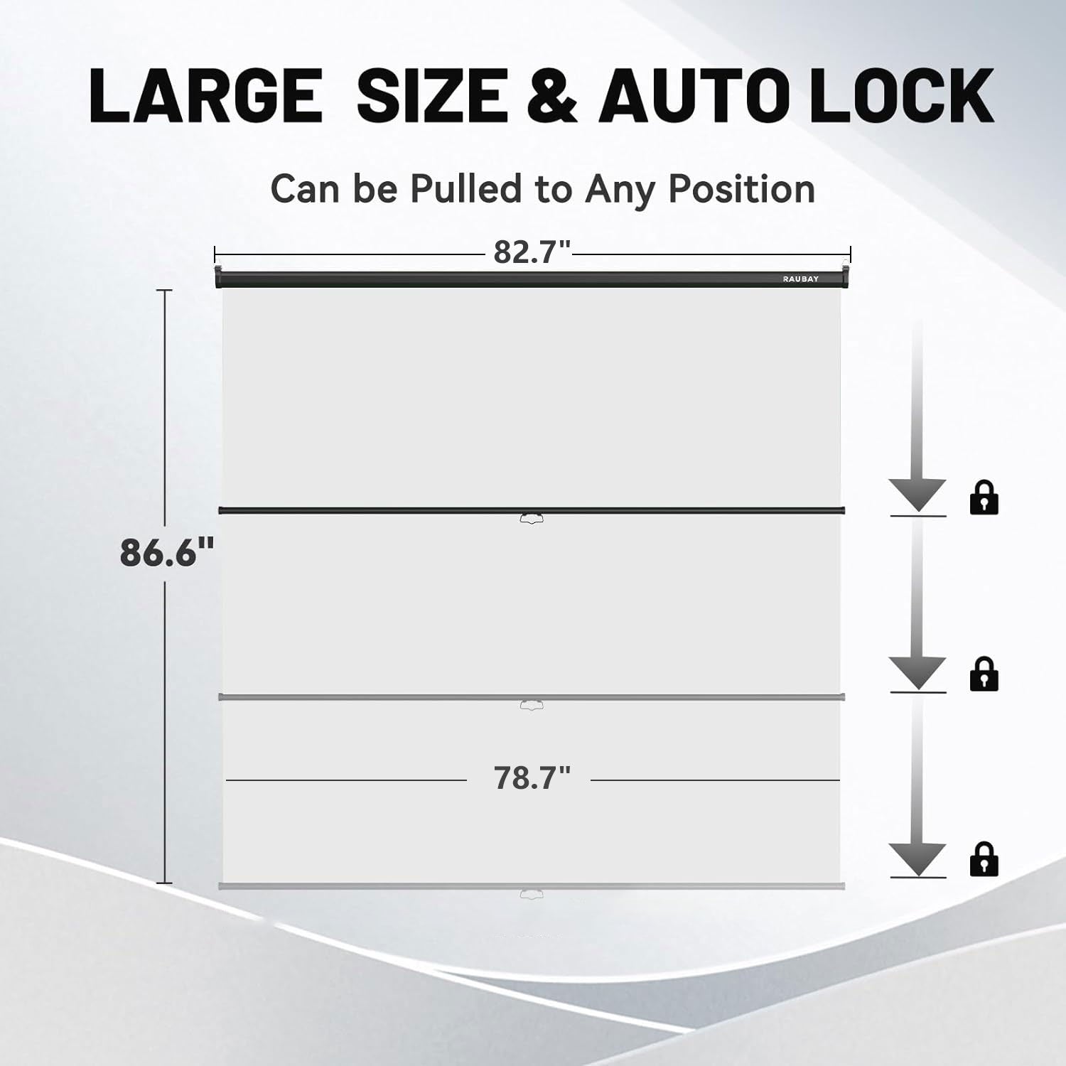 Large white pull-down projector screen with auto lock, 82.7 x 86.6 inches