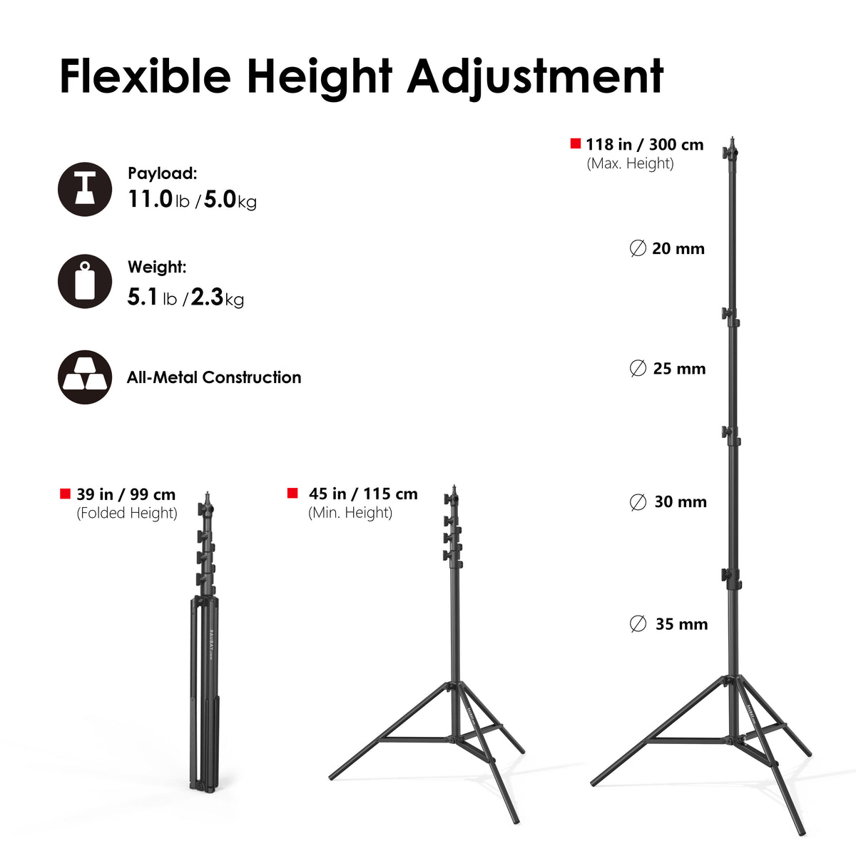 LT30 Black Regular Version Light Stand with flexible height adjustment, 118 in max, 45 in min, all-metal construction