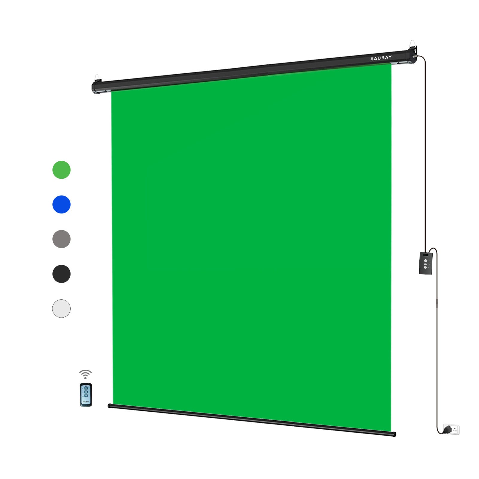 6.7′ x 7.2′ Motorized Pull Down Green Screen (Blue/White/Black