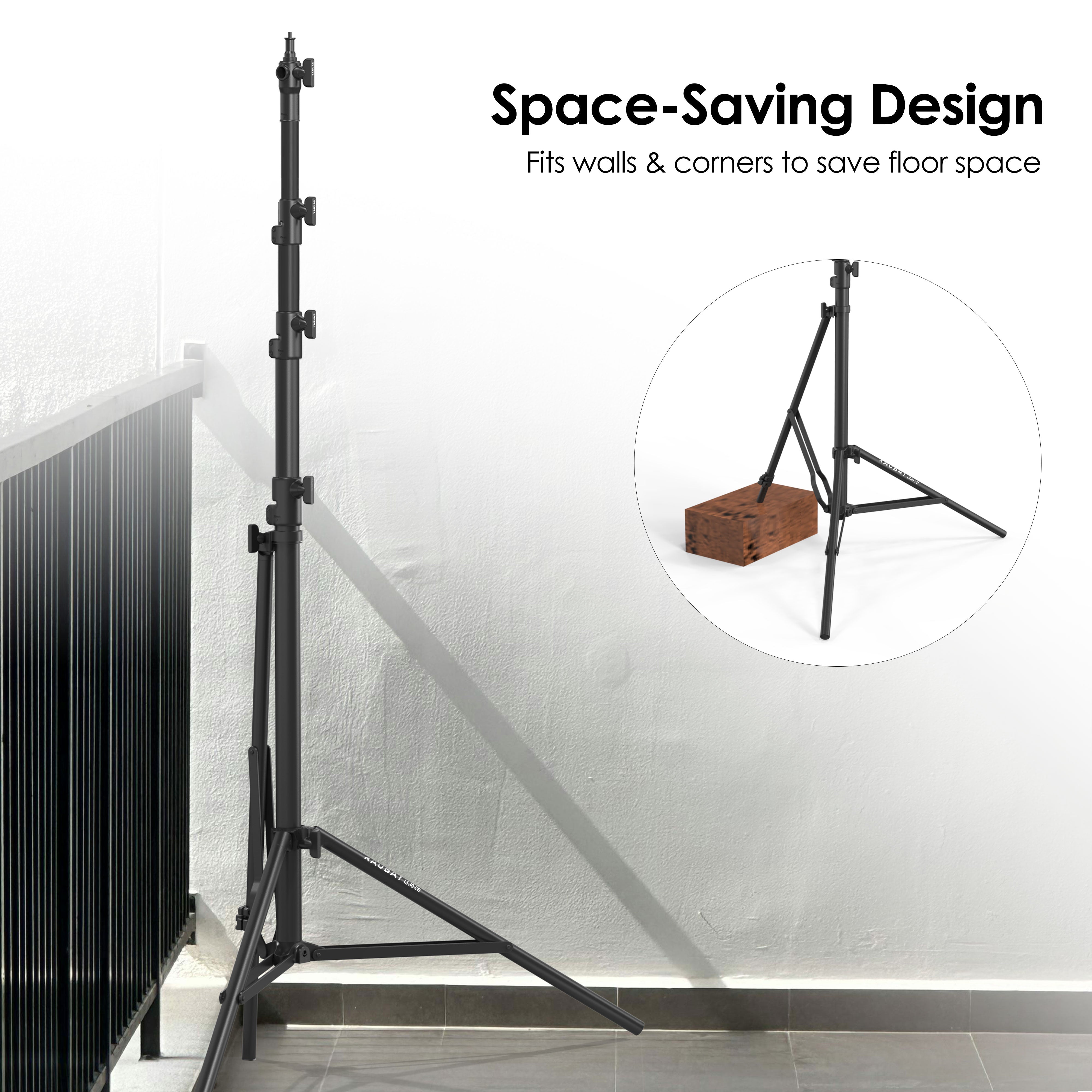 LT30 Black Corner Version Light Stand with adjustable corner leg design, shown against a wall and conrner to save floor space