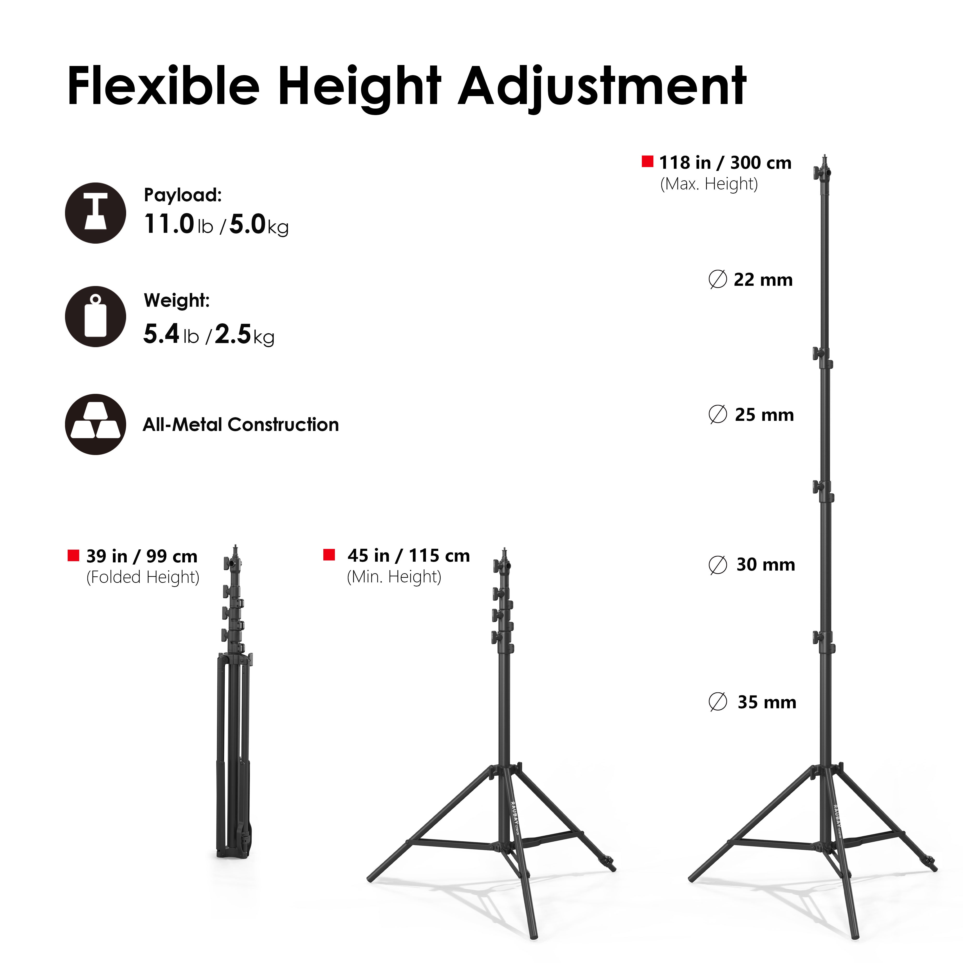 Black all-metal light stand with corner legs, adjustable height, 11 lb payload