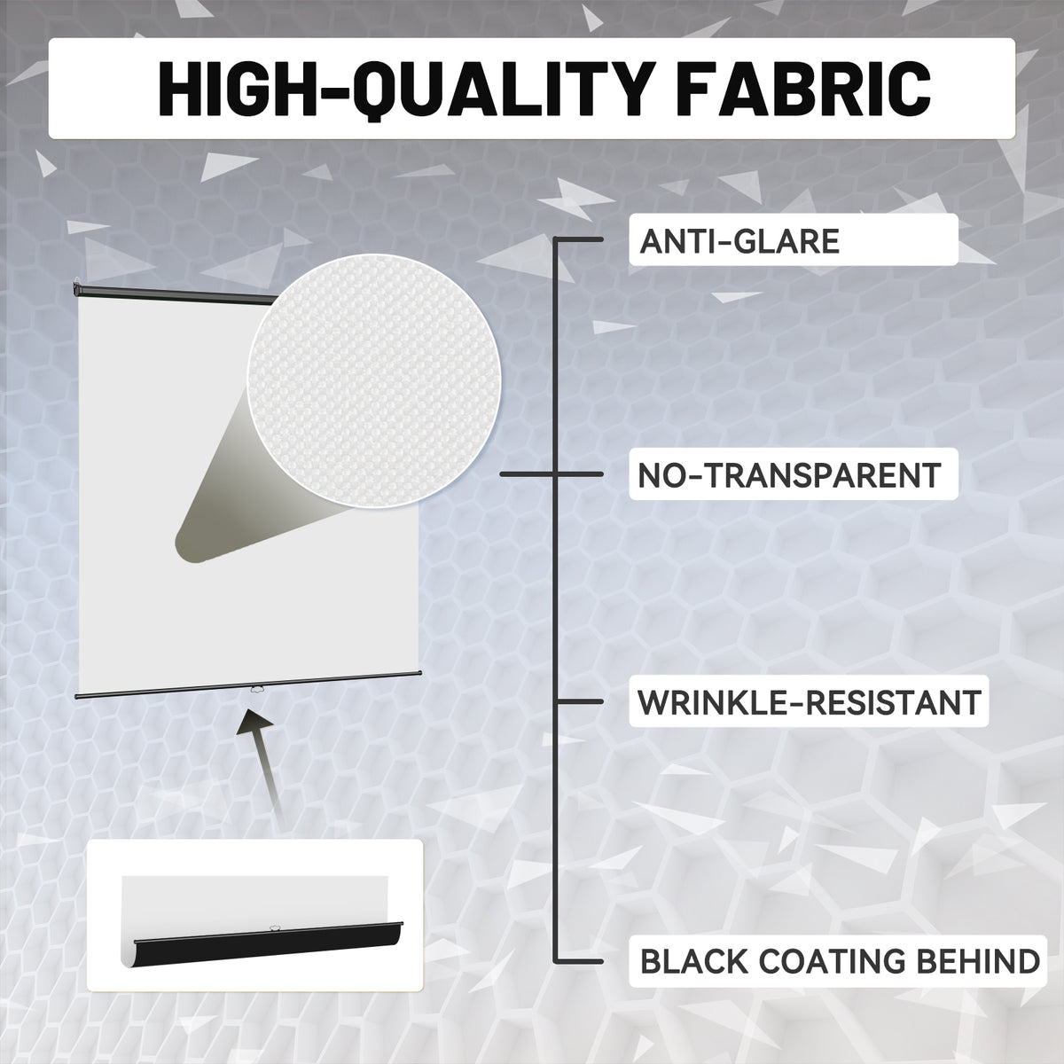 White pull down screen with high-quality fabric, anti-glare, wrinkle-resistant, black coating