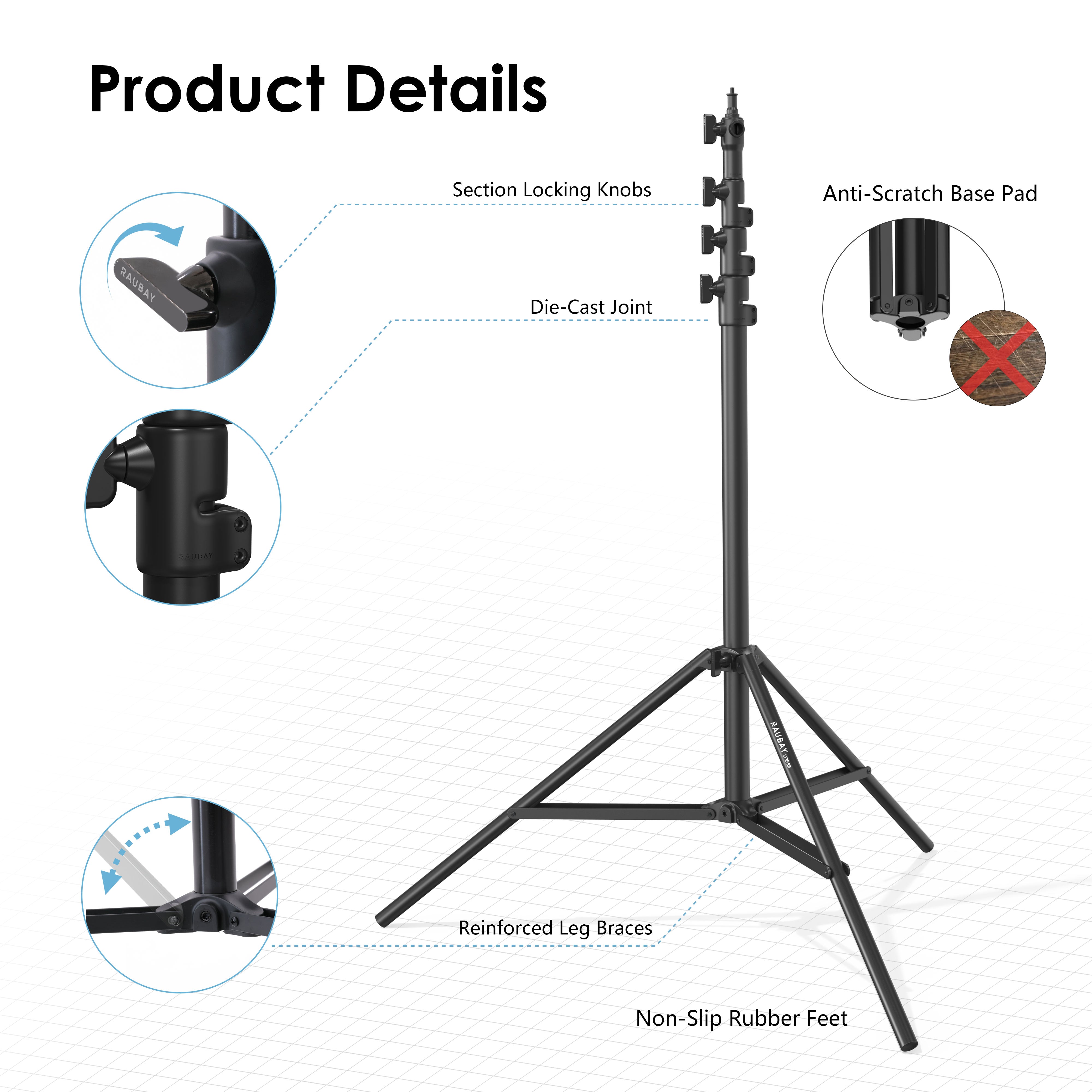 LT30 Black Regular Version Light Stand with adjustable sections, reinforced legs, and non-slip rubber feet
