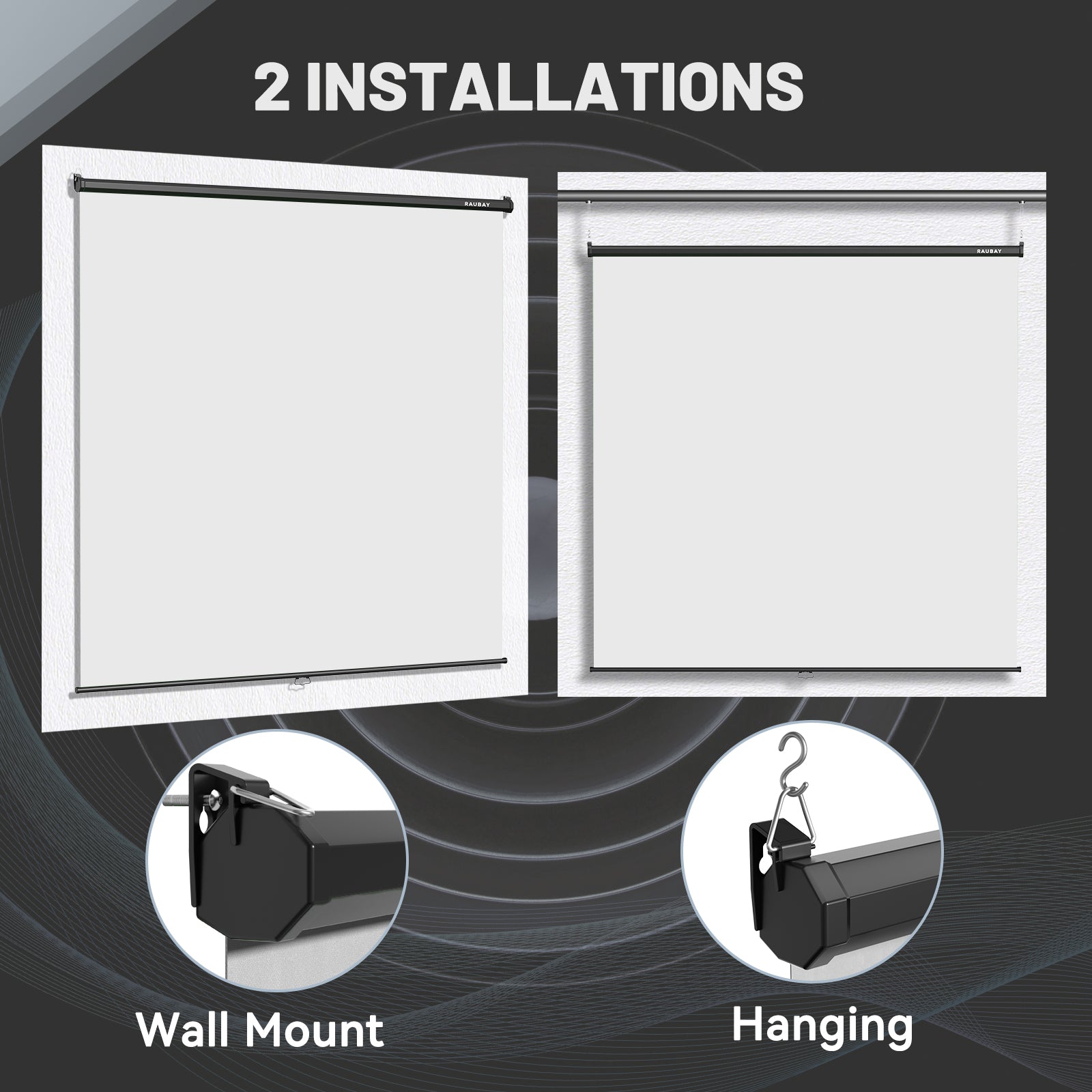 6.7x7.2 ft white pull down screen with wall mount and hanging installation options