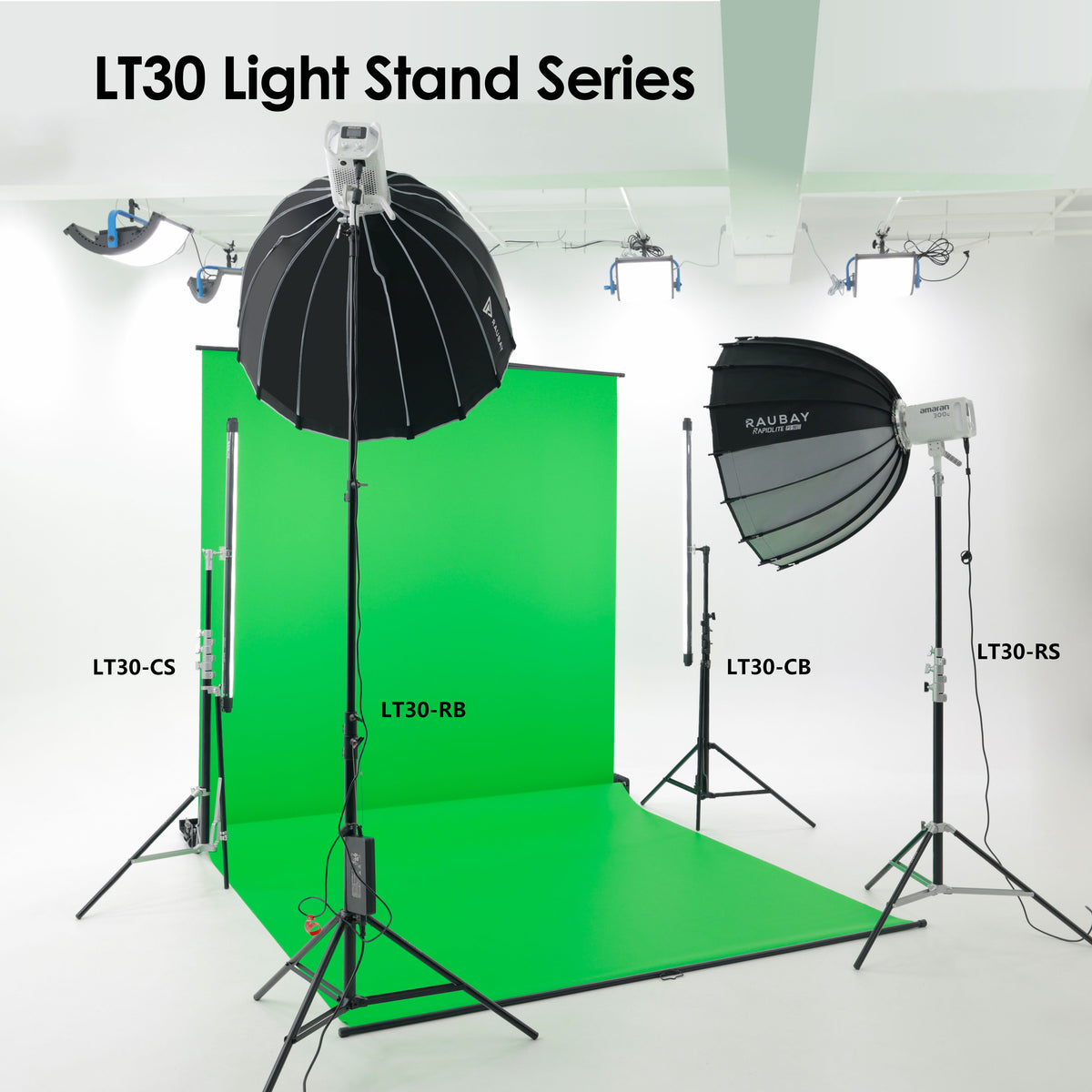 LT30 Light Stand Series with studio lights, green screen, and softbox setups