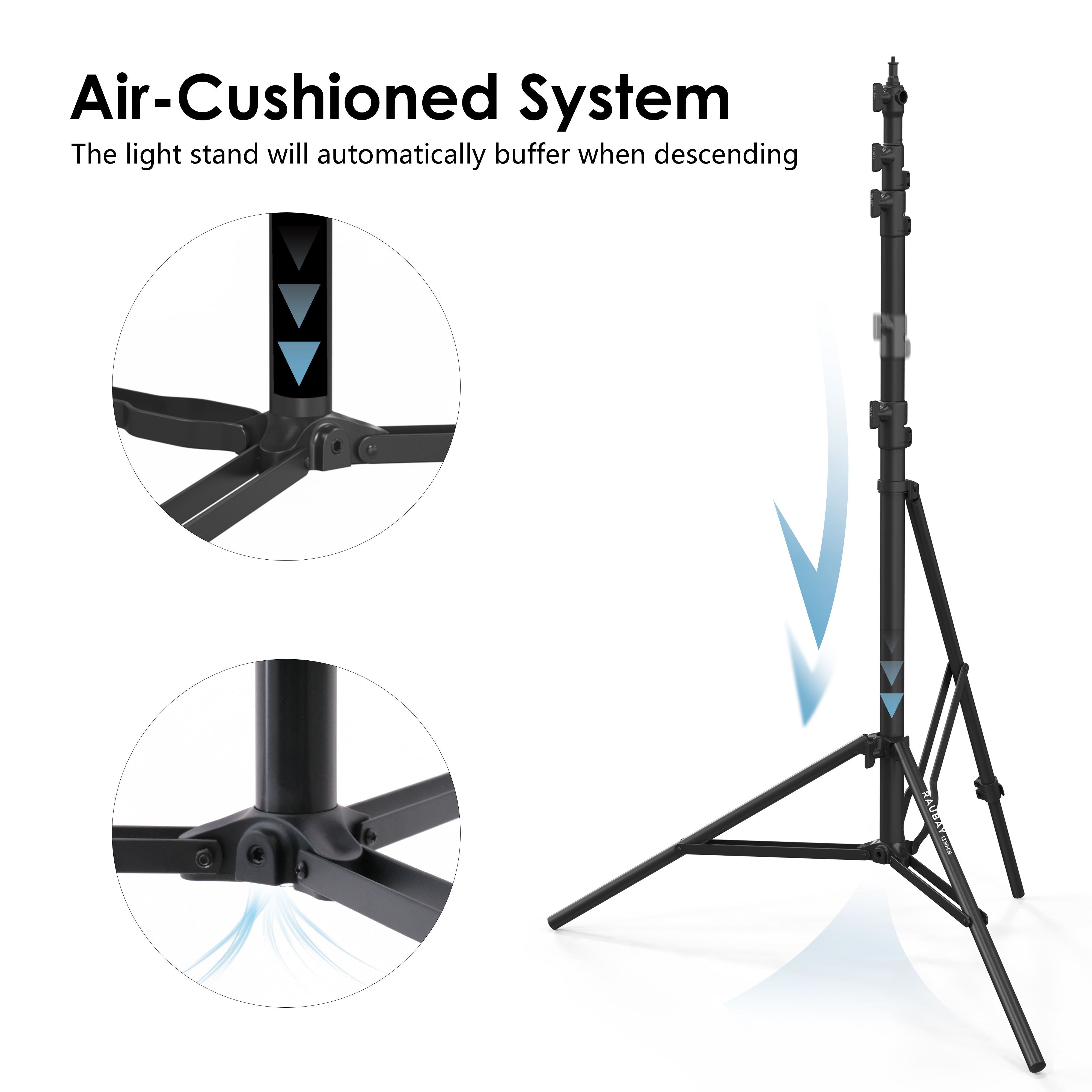 LT30 Black Corner Version Light Stand with an air-cushioned system to protect your equipment.