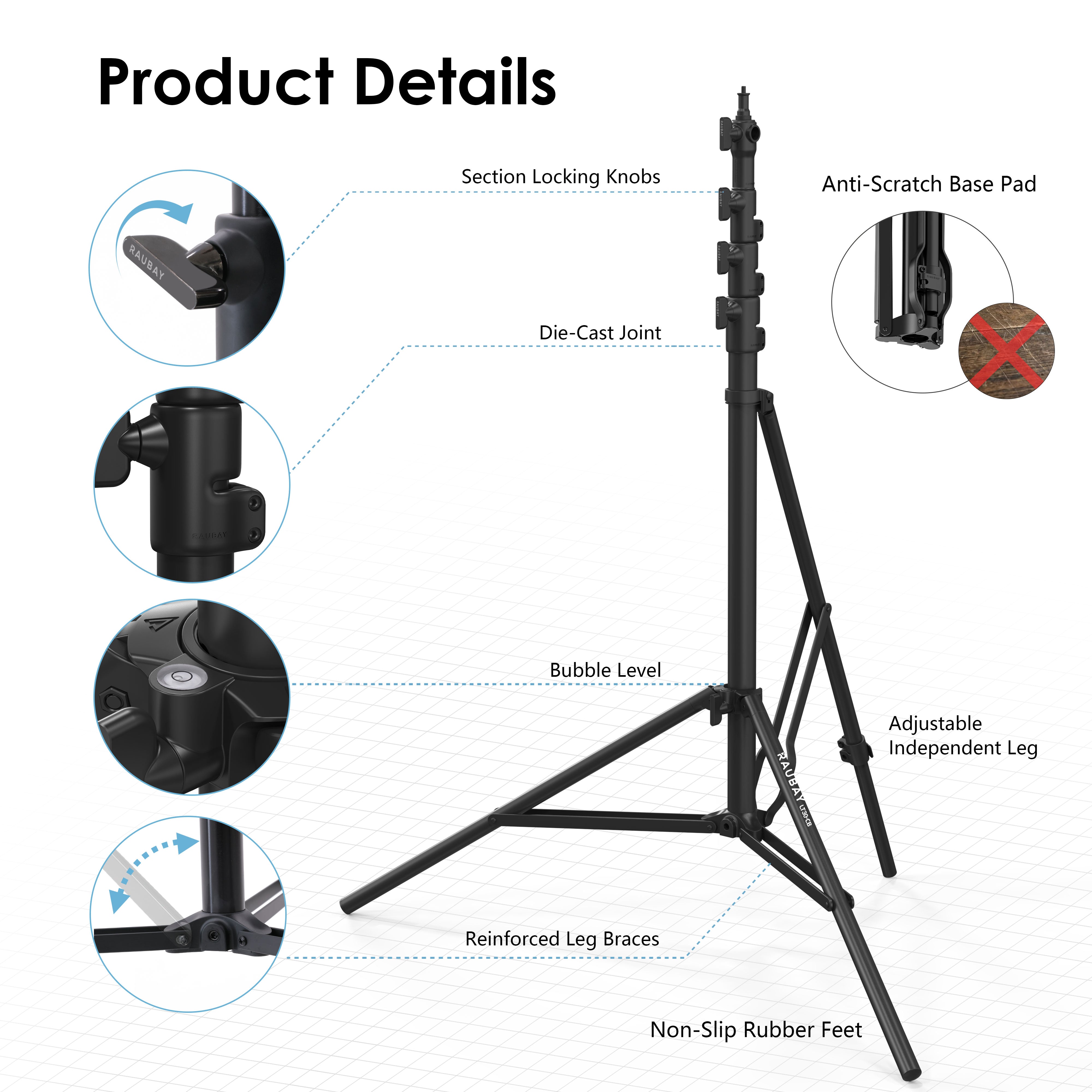 Black LT30 corner light stand with section locking knobs, bubble level, reinforced braces, and non-slip feet